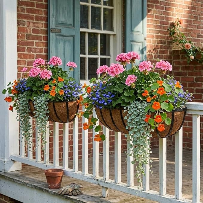 24 Inch Railing Planter Boxes with Adjustable Brackets for Hanging Outdoor Plants, Window Box Planter with Coco Liner for Balcony Deck Porch & Patio Garden Decor, 2 Pack & Black