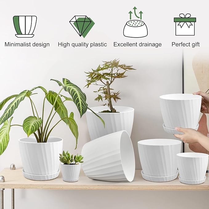 YNNICO 7 pcs Plant Pots with Drainage Holes and Saucers, Indoor Planters, Set of 7 (7.5, 7, 6.5, 6, 5.5, 4.5, 3.5 Inches), White