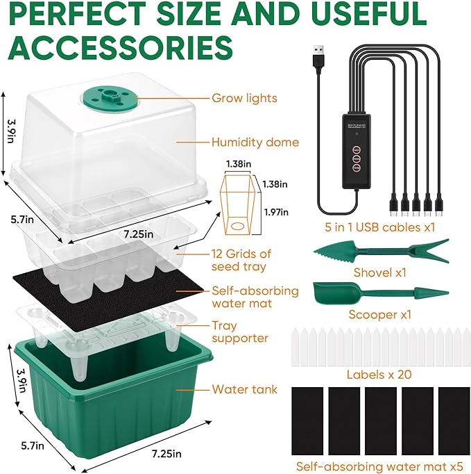 BlumWay Self-Watering Seed Starter Tray Kit with Grow Light and Humidity Dome,3 Color Growing Light,5-Pack 60-Cell Plant Seedling Tray,Reusable Plastic Germination Trays,Timed Light Plant Starter Set