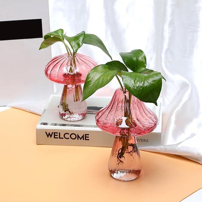Mushroom Glass Vase Propagation Stations Flower Vases Home Decor Mushroom Planter Cute Vases Garden Decoration Set of 2
