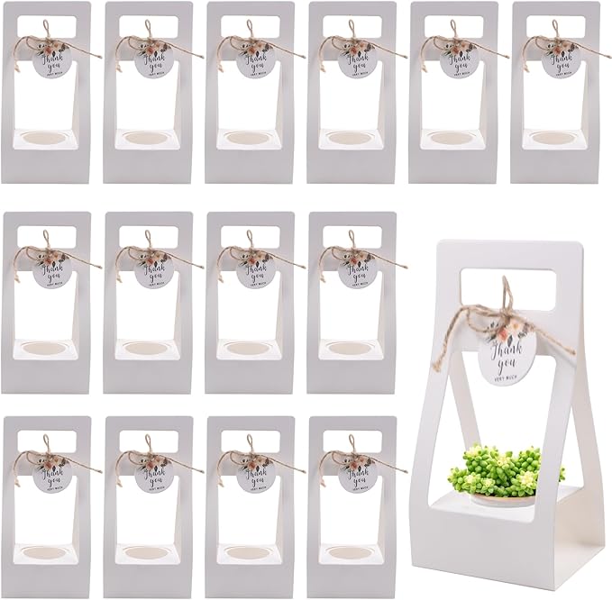 25 PCS White Succulent Wrap Bags for Wedding, Kraft Paper Gift Bags with Thank You Cards and Handle for 2.17'' Pots, Paintable Succulent Plants Holder for Party Favors (Pots and Plant Not Included)