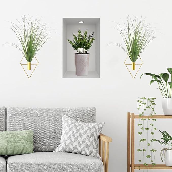 Hanging Planters with Artificial Plants, 2pcs Diamond Shape Metal Hanging Vase with Artificial Shrubs Wheat Grass Greenery Indoor Plants Holder Wall Decor for Home Living Room Bedroom Office (Gold)