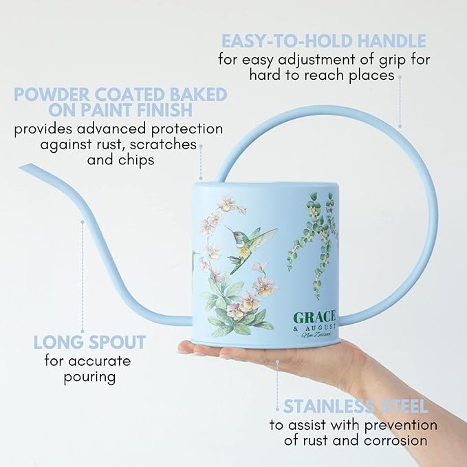 Watering Can for Indoor House Plants & Spray Water Mist Bottle - Cute Decorative Metal Gardening Small Water Can for Houseplants & Flowers with Long Spout - 1.5L 51floz 0.4 Gallon (Hummingbird Blue)