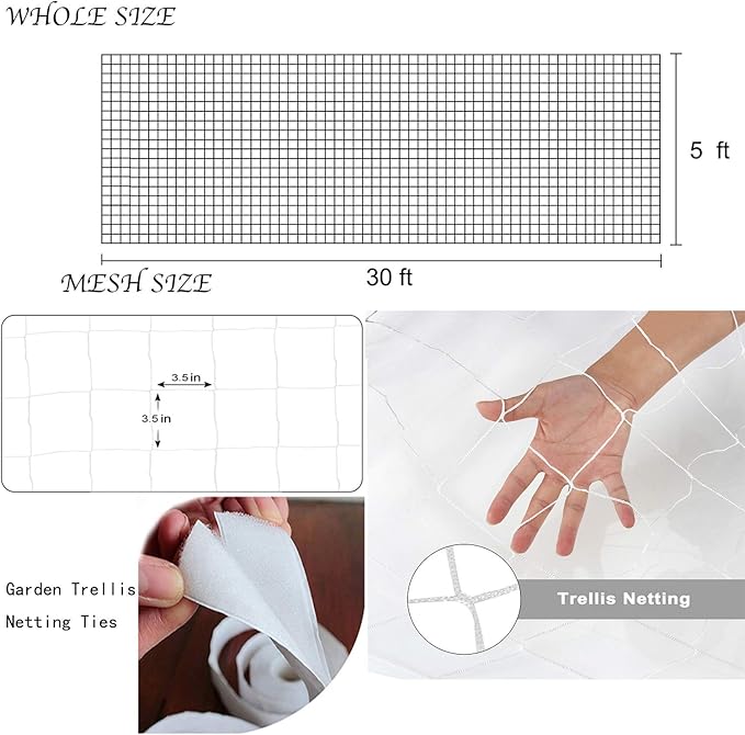 BaseGoal All-Weather Trellis Netting Mesh Plant Garden Vine Growing Flexible String Net (3.5" Mesh ployester, 5' Wx 30'L)