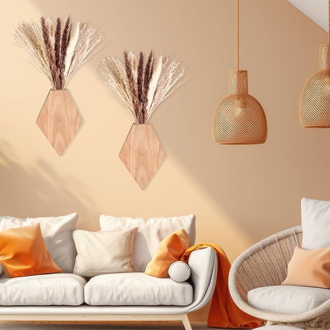 2 Pcs Bohemian Wooden Wall Planter Set with Pampas Grass Modern Farmhouse Wall Decor for Living Room, Bathroom, Bedroom, Office(Original Wood Color,Regular Style)