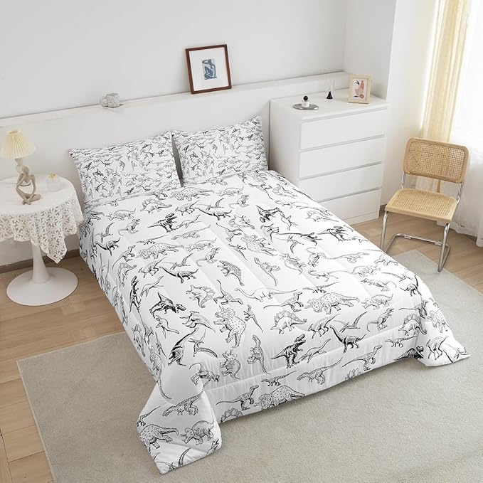 Feelyou Dinosaur Bedding Set Full Size 3D Digital Print Comforter Set for Kids Boys Girls Decor Jungle Dino Comforter Wild Animal Black and White Duvet Set Bedroom Quilt Set