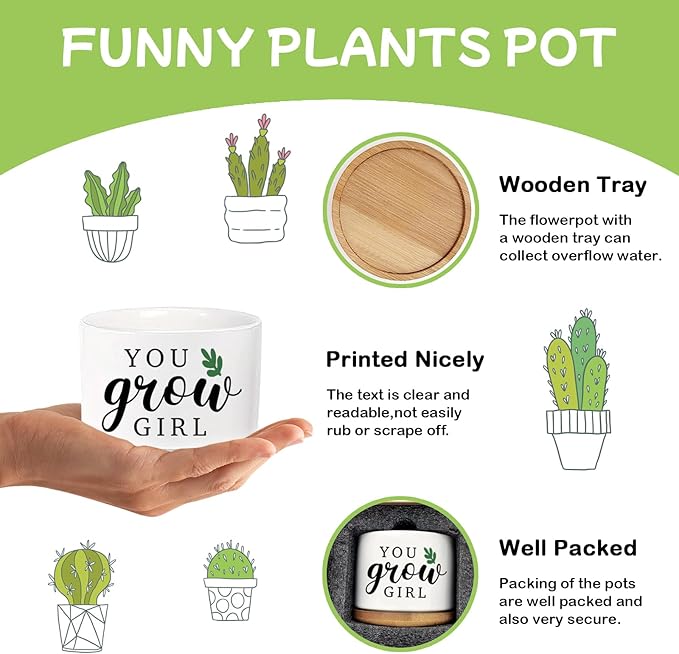 Grow Funny Planters for Indoor Plants, Cute Plant Pots You Grow Girl Succulent Planter Cactus Pot, Ceramic Planter, Appreciation Housewarming Gifts for Women, Friends (3.5 inch Pots, No Plants)
