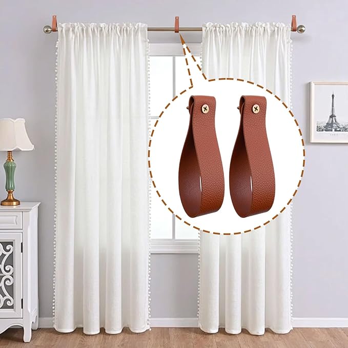 Curtain Rod Holders,Set of 8 Leather Curtain Rod Brackets with Screws,PU Curtain Rod Hangers Stylish Brown Leather Straps Hooks for Wall Pole Macrame Boho Art Décor, CH-005