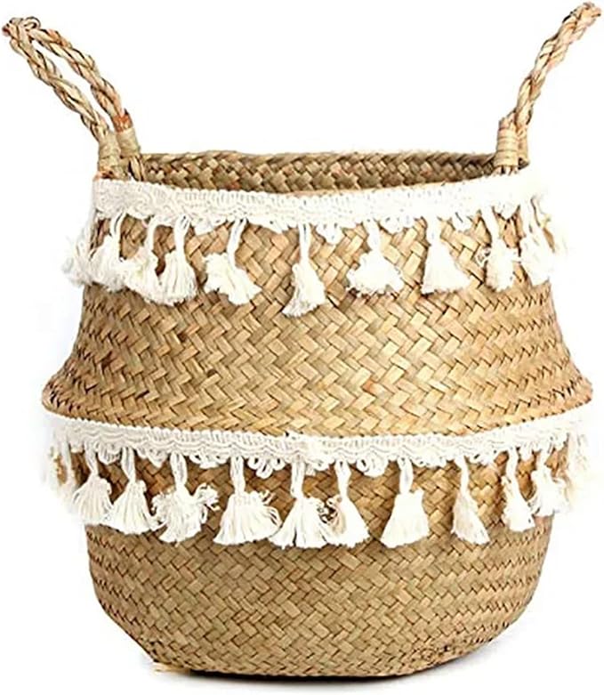 Snacko Handmade Bamboo Storage Baskets - Foldable Laundry Wicker Rattan Seagrass Belly Planter Baskets For Home Decor And Garden Use(Color 1,M 27cmX24cm)