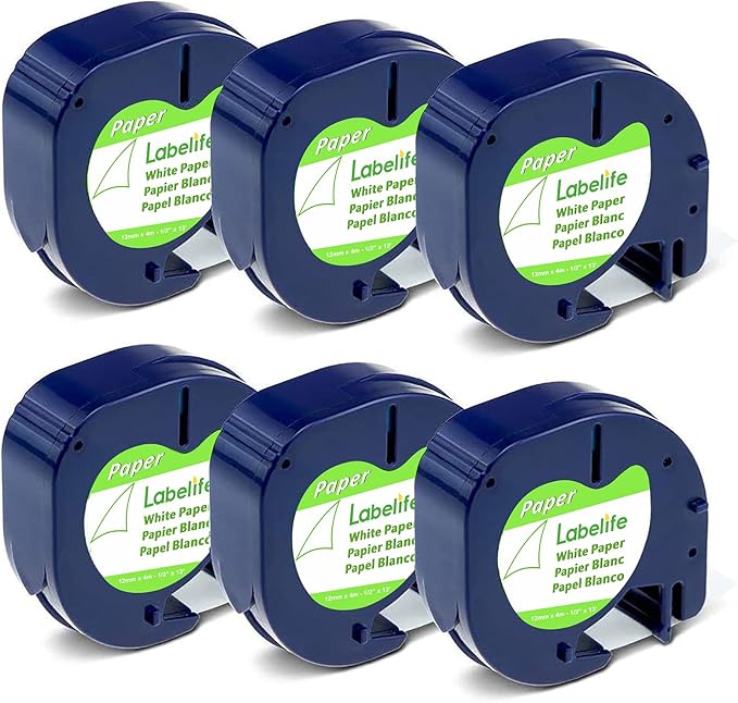 Replace for DYMO Label Maker Refills LetraTag White Paper 91330 10697 LT Refill Tape for DYMO Letra Tag LT 100H LT-100T Plus 200B QX50 Labeler, 12mm x 4m 1/2'' x 13', 6-Pack