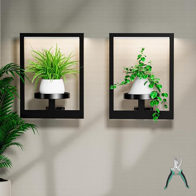 Hanging Plant Stand with Grow Lights for Indoor Plants, 2 Pcs Wall Plant Holder, Picture Frame Plant Shelf for Living Room, Balcony, Patio, Garden – Ideal Wall Decor for Indoor and Outdoor Spaces