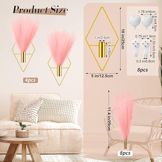 Hanaive 4 Sets Boho Gold Wall Decor Metal Wall Art Hanging Planters with Artificial Pampas Display Art Modern Home Metal Vase for Bedroom Living Room Home Office(Gold, Pink)