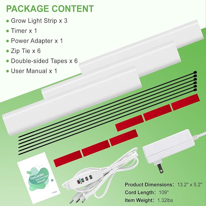 FOXGARDEN Grow Light, Full Spectrum Plant Light Strip for Indoor Plants, 288 LED Bright Grow Lamp with Auto On/Off Timer 4/8/12H, 3 Switch Modes, 10 Dimmable Brightness, 3 Packs