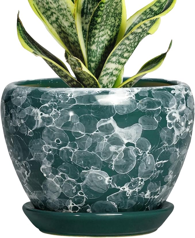 6 Inch Planter - Ceramic Plant Pots Indoor with Drainage Hole and Saucer, Indoor Plant Pots for Flowers Plants, Round Modern Small Planter, Bedroom Decor, Plants Lover Gift, Bubble Green