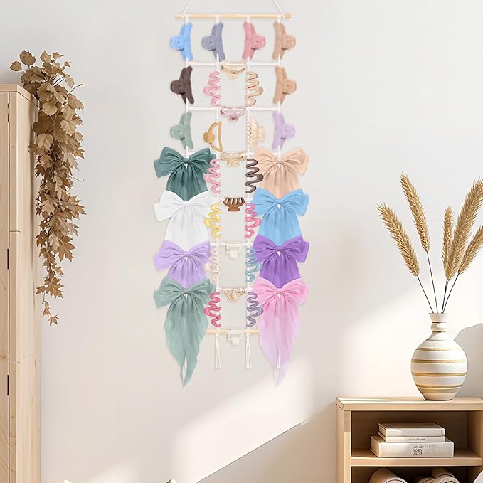 SNOWSTAR Macrame Hair Claw Clip Organizer,Hanging Hair Clip Holder and Storage for Women Girls,7-Layer Grid Claw Clip Hanger Home Decor for Wall,Door,Close