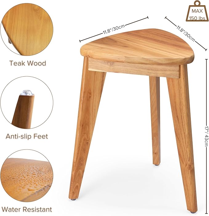 Teak Shower Stool, 17'' Shower Foot Rest for Shaving Legs, Waterproof Teak Shower Seat, Corner Shower Bench, Wooden Step Bench, Organizer Stool, Plant Stand for Living Room Bathroom