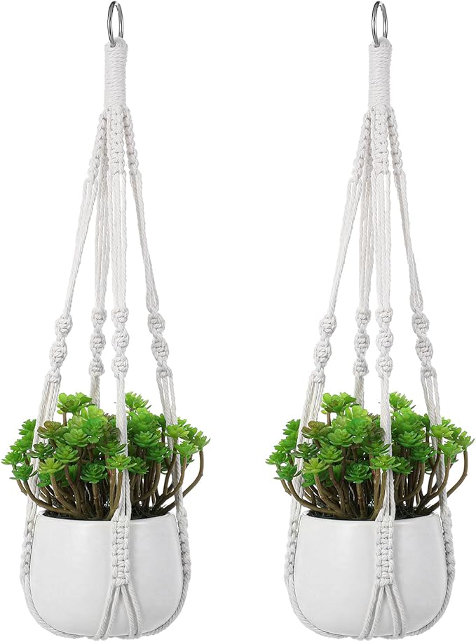White Macrame Plant Hanger Set, 2 Pack Boho Hanging Plant Holder, Plants Hanger for Indoor Outdoor Home Decoration, 21 Inchs Braided Cotton Hanging Planters for Indoor Plants, No Tassels