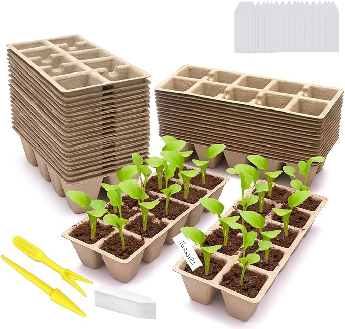 480 Cells Seed Starter Tray, 48 Pack Biodegradable Peat Pots with 200 Labels, Germination Plant Starter Kit for Seedlings