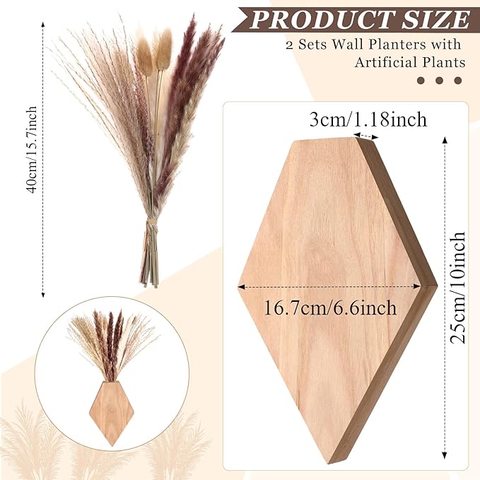 2 Pcs Bohemian Wooden Wall Planter Set with Pampas Grass Modern Farmhouse Wall Decor for Living Room, Bathroom, Bedroom, Office(Original Wood Color,Regular Style)