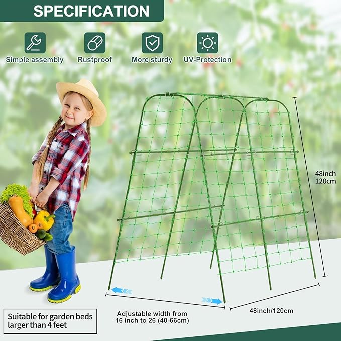FOLLOOK Garden Cucumber Trellis for Climbing Plants Outdoor, 48x48inch U-Shape Arch Trellis for Garden Raised Bed, Plant Support for Grape Vine Tomato Vegetable Pea Bean, Green