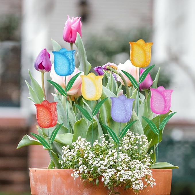 hogardeck Garden Decor for Outside, Set of 6 Metal Tulip Flowers Decorative Garden Stakes for Yard Decor, Outdoor Decorations Yard Art for Lawn Front Porch Pathway Patio (Multi-Color)
