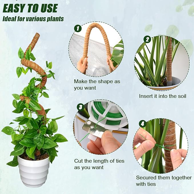 4 Pack Moss Pole, 47 Inch Moss Poles for Climbing Plants Monstera, Bendable Coir Plant Stakes for Potted Plants, Philodendron, Pothos (47.2" x 4pcs)