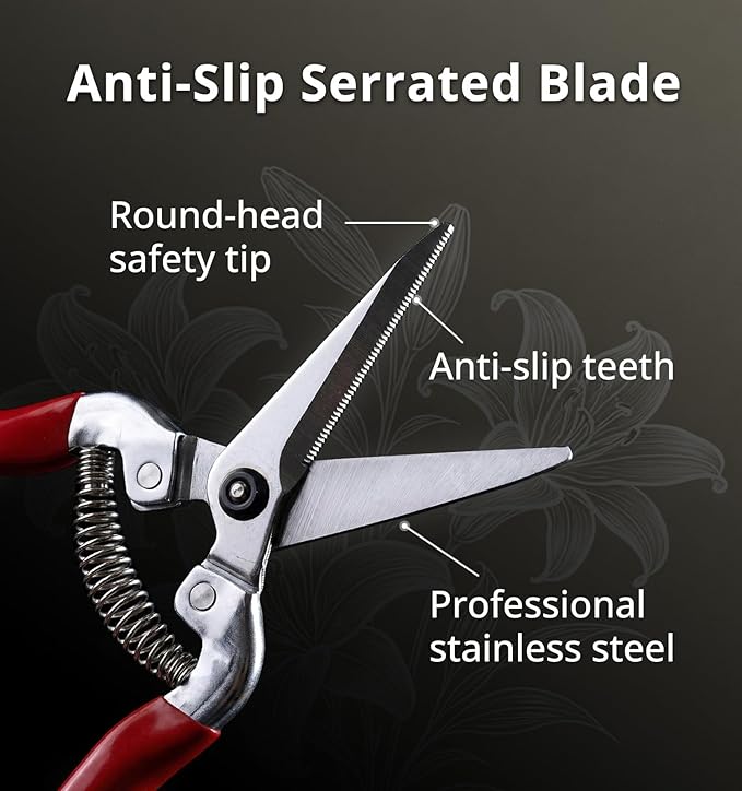 Gardeness Stainless Steel Pruning Snips with Serrated Blade, Adjustable Joint Screw Micro-Tip Garden Scissors for Harvesting Herbs, Fruit, and Floral Arranging, Corrosion-Resistant & Made in Taiwan