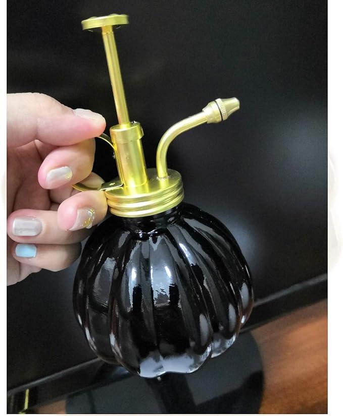 Vintage Style Glass Pumpkin Bottle Sprayer Watering Can Plant Mister with Brass Sprayer Head (Black)