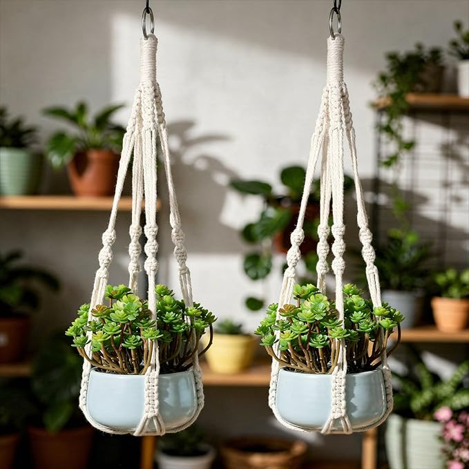 Thinp 3 Pack Macrame Plant Hanger Indoor Hanging Plant Holder with Decorative Wood Beads 21 Inch No Tassels Hanging Planters for Indoor Plants Boho Home Decor (Pots Not Included)