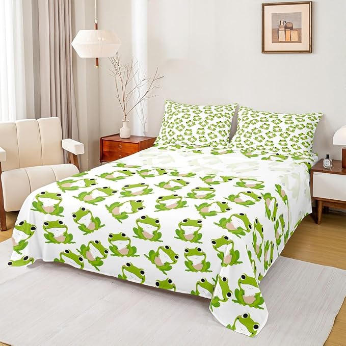 Kids Frog Sheet Set Cute Green Frogs Bed Sheets for Boys Girls Children Wild Animal Decor Bed Sheet Set Kawaii Pattern Bedding Set Bedroom Bed Set with Deep Pocket Fitted Sheet 4Pcs Queen Size