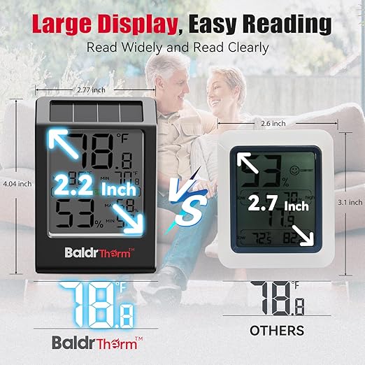 BaldrTherm Room Thermometer Indoor Humidity Meter Solar Powered with Max/Min Memory & Comfort Indicator - 3.2" Large Display for Home, Black, 1Pack