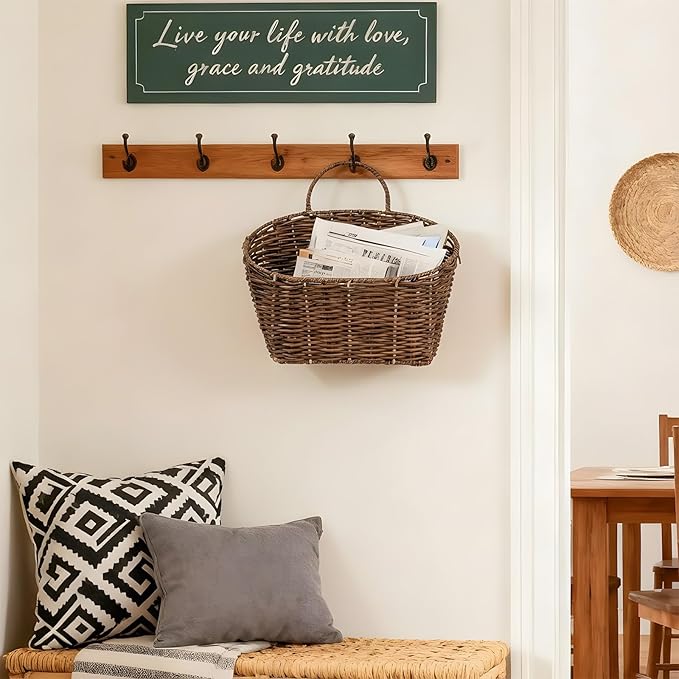 Hanging Wall Basket Handwoven Wicker Basket for Plants, Flowers & Storage, Rustic Farmhouse Wall Decor Organizer, Dark Brown Plastic Rattan