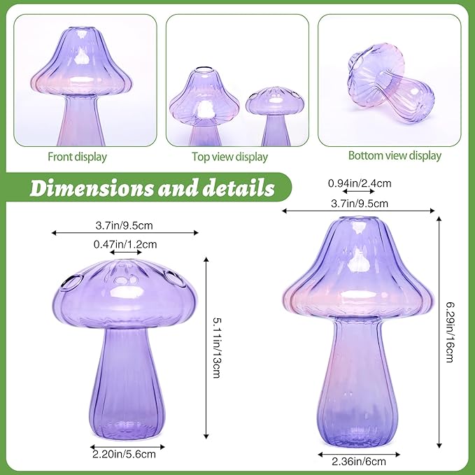 Mushroom Glass Vase Propagation Stations Flower Vases Home Decor Mushroom Planter Cute Vases Garden Decoration Set of 2