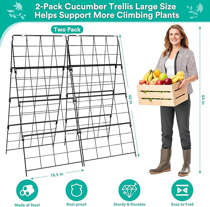 2Packs 17 x 42 Inch Garden Trellis for Raised Beds Foldable Climbing Plant Support Cucumber Trellis Outdoor A-Frame Metal Vegetable Bean Trellis with Garden Supplies for Grape Tomato Peas Flower