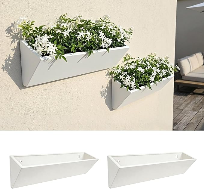 LaLaGreen Wall Planters for Outdoor Plants (24 Inch, 2 Pack) Geometric Carbon Steel Wall Mounted Planters for Succulents, Triangle White Metal Hanging Flower Pots Modern Vertical Garden Home Decor