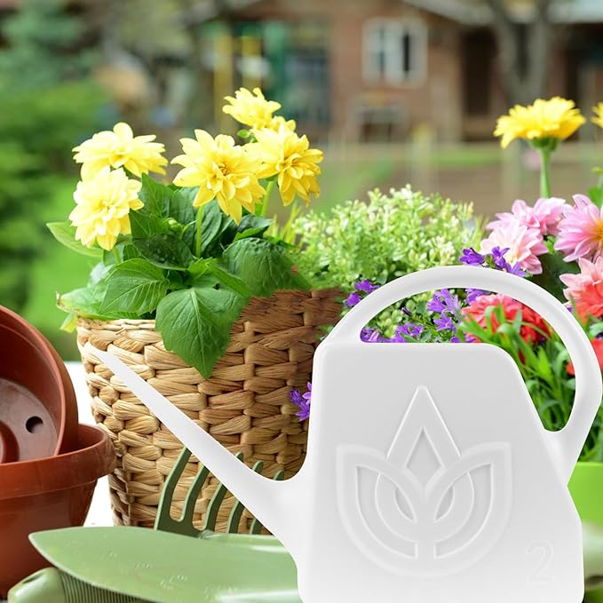 FENICAL Large 2l Watering Can for Outdoor Plants with Long Spout, White Plastic Plant Waterer for Garden and Patio Use