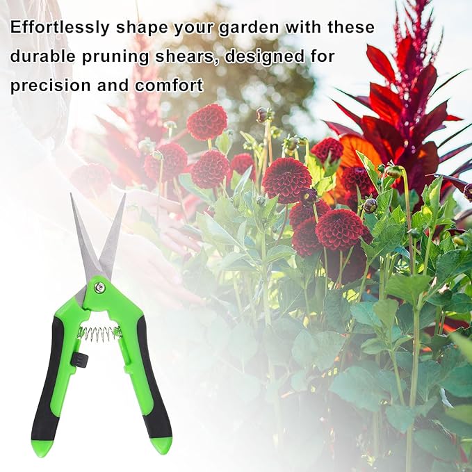 HARFINGTON Pruning Shears 6.5" Stainless Steel Gardening Hand Scissors with Straight Precision Blades & Lock Garden Clippers for Cutting Flowers Trimming Plants, Green