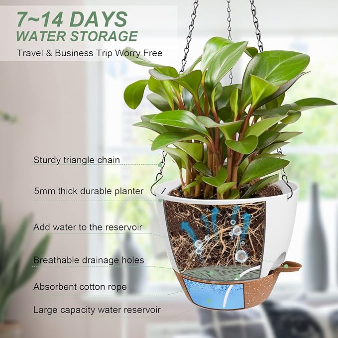 Vanslogreen Hanging Planters for Indoor Outdoor Plants, 2 Pack Self Watering Hanging Pot with Drainage Holes & Removable Tray (White, 8'')