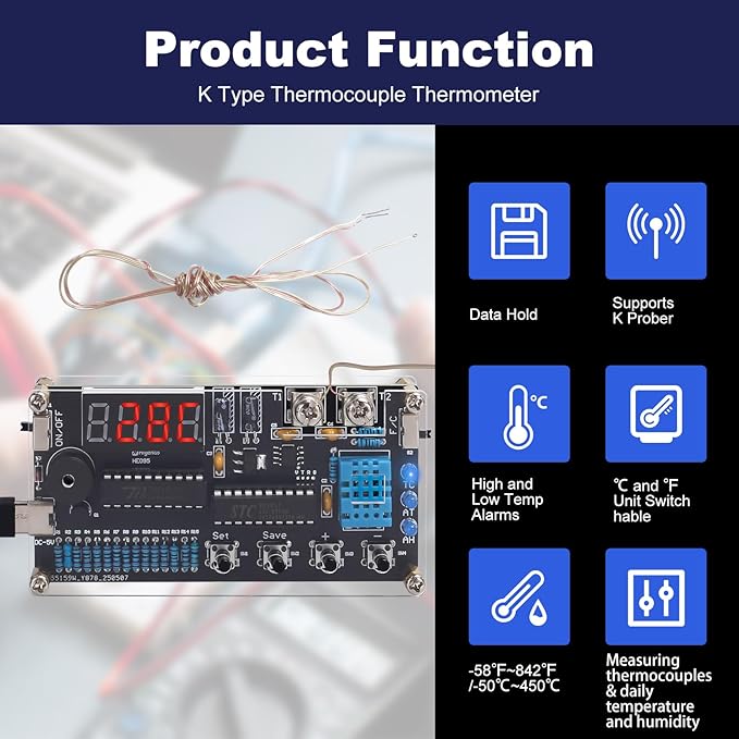 Thermocouple Thermometer DIY Kit, DC 4.5-5V Digital Temperature Humidity Sensor Soldering Project with High Low Temperature Warning -58℉ to 842℉ Thermocouple Soldering Kit for Back to School Education