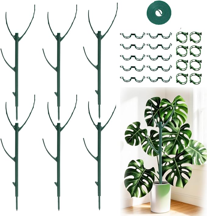 6 Pack Stackable Plant Support Stakes, Moss Pole Alternative for Monstera & Climbing Vines, Gardening Gifts for Women, Garden Essential Trellis Sticks for Indoor Outdoor Plant with 20Pcs Clips & Ties