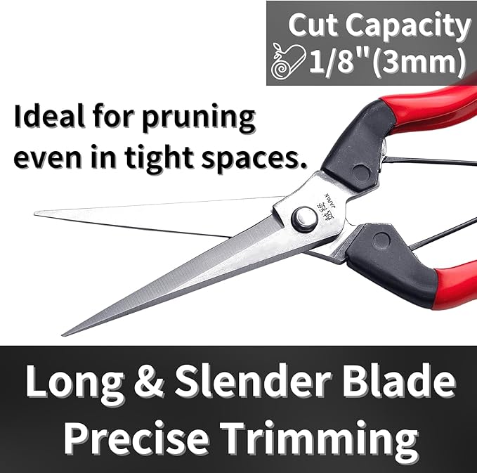 Japanese Garden Shears Long Blade 7.9" for Plants - Needle Nose Pruners with Pointed Tips - Sharp Japanese Stainless Steel Blade & Spring Loaded Handle - Made in Japan