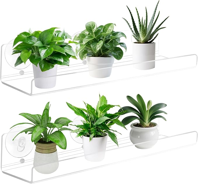 2 Pack Window Plant Shelves, 12 Inch Acrylic Suction Cup Shelves for Succulents, Herb Planters, Micro Greens, Bathroom Organizer, Display Stand & Cosmetics Storage