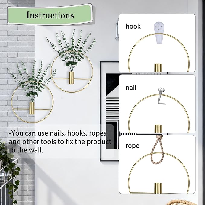 GREENTIME 2 Pack Hanging Plants Faux Eucalyptus with Gold Round Metal Hanging Vase for Teacher Appreciation Living Room Bedroom Boho Kitche Wall Shelf Outdoor