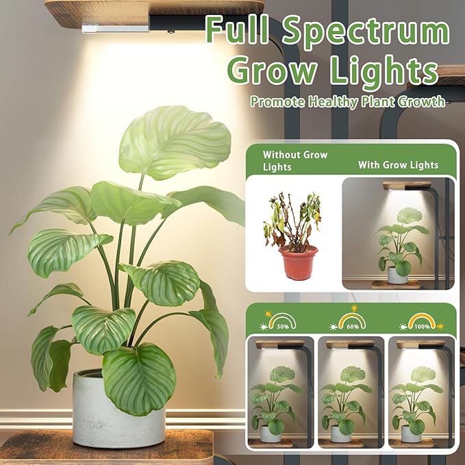 REFGY 8-Tier Tall Plant Stand with Grow Lights, Indoor Multi-Tiered Metal Plant Shelf with Large Storage Drawer, Heavy Duty Flower Pot Stand for Living Room, Bedroom, Balcony, Rustic Brown