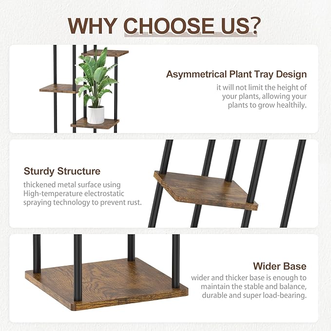 Oppro 6 Tier Tall Plant Stand Indoor Outdoor, Large Wood Metal Planter Shelf Holder for Narrow Corner, Sturdy Vertical Multiple Flower Orchid Pot Decorative Rack for House Living Room Bedroom Office, Rustic Black