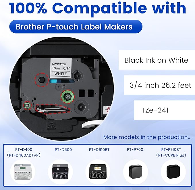 6x TZe Tz Tape 18mm 0.7 Laminated White Replace for Brother Label Maker Tape 3/4 Inch TZe-241 Compatible with Brother P-Touch Label Maker Refills White TZe241 for PTD400 PTD410 PTD600 PTD610BT PTE550W