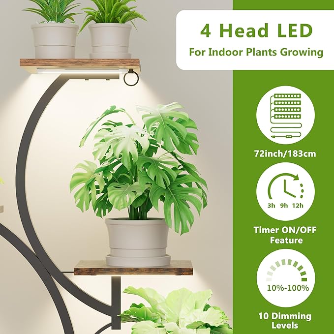 Plant Stand Indoor with Grow Light: Lighted Plant Stands 54.6" Tall, 9 Tiered Large Plant Shelf for Indoor Growing, S-Shaped Flower Holder Display for Multiple Plants, Living Room, Patio (Black)
