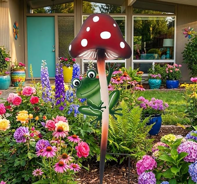 Napco Woodland Mushroom Frog 13.5 x 4.75 inches Red and Green Heavy Duty Metal Flower Plant Climbing Trellis Yard Art Stake, Indoor Outdoor Garden Décor