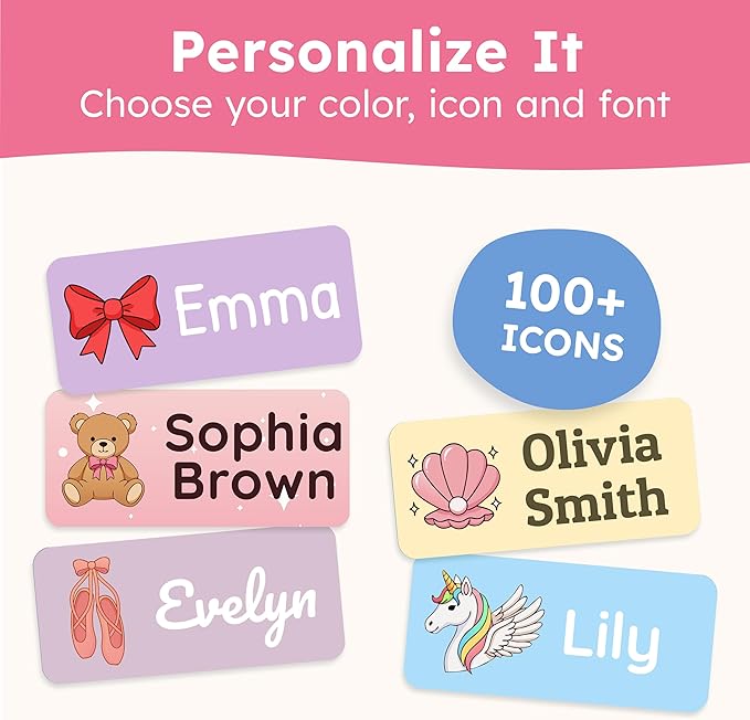 Personalized Name Labels for Kids (210 Labels) - Durable & Waterproof Custom Name Stickers for Clothing Tags, School Supplies, Camp & Daycare - Rainbow (1.2”x0.5”)