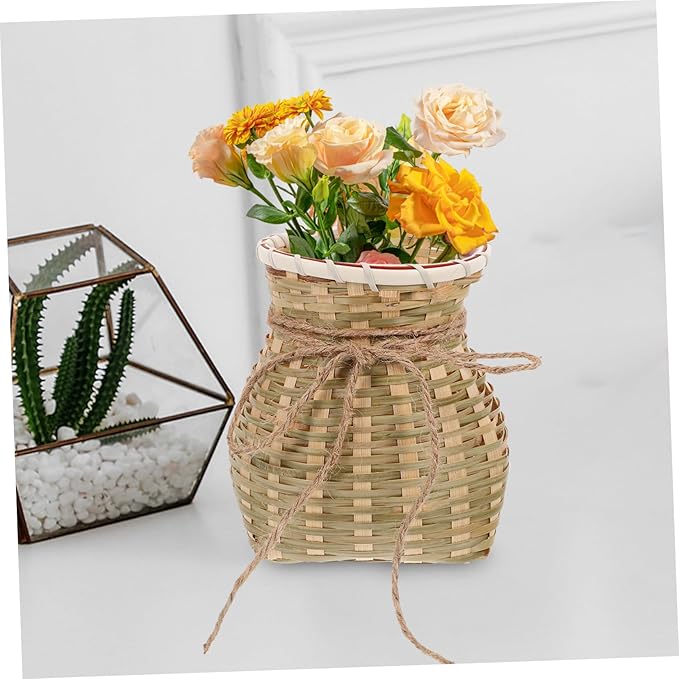 Zerodeko 1pc Bamboo Basket Seagrass Basket Woven Baskets Rustic Wicker Vase Rattan Plant Container Round Storage Basket French Bucket Vase Basket for Fruit Woven Flower Container Fruit Vase